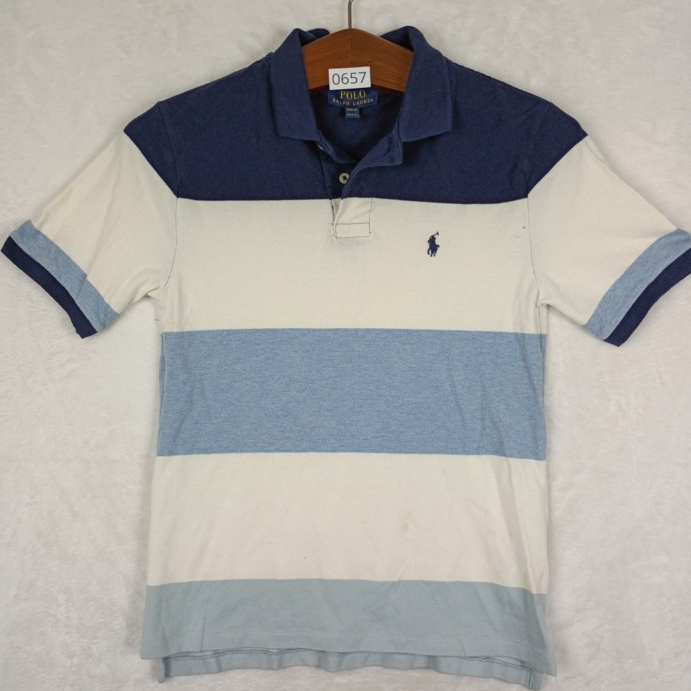 Polo Ralph Lauren Polo Shirt Boys M 10-12 Blue Cream Striped Preppy Outdoors 90s